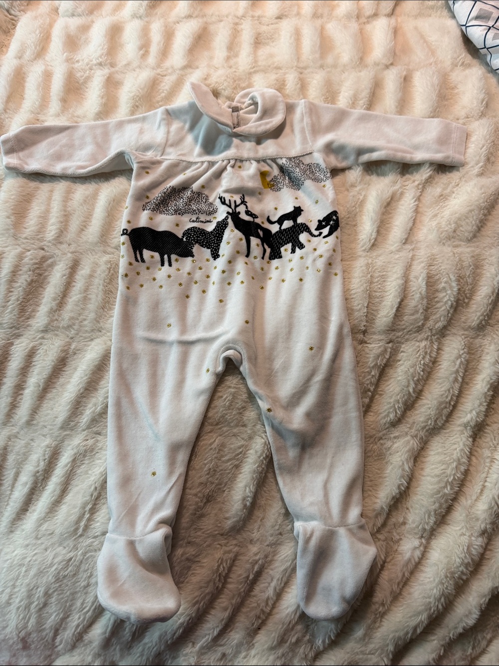 Catimini Plush White Baby One-Piece with Woodland Animals